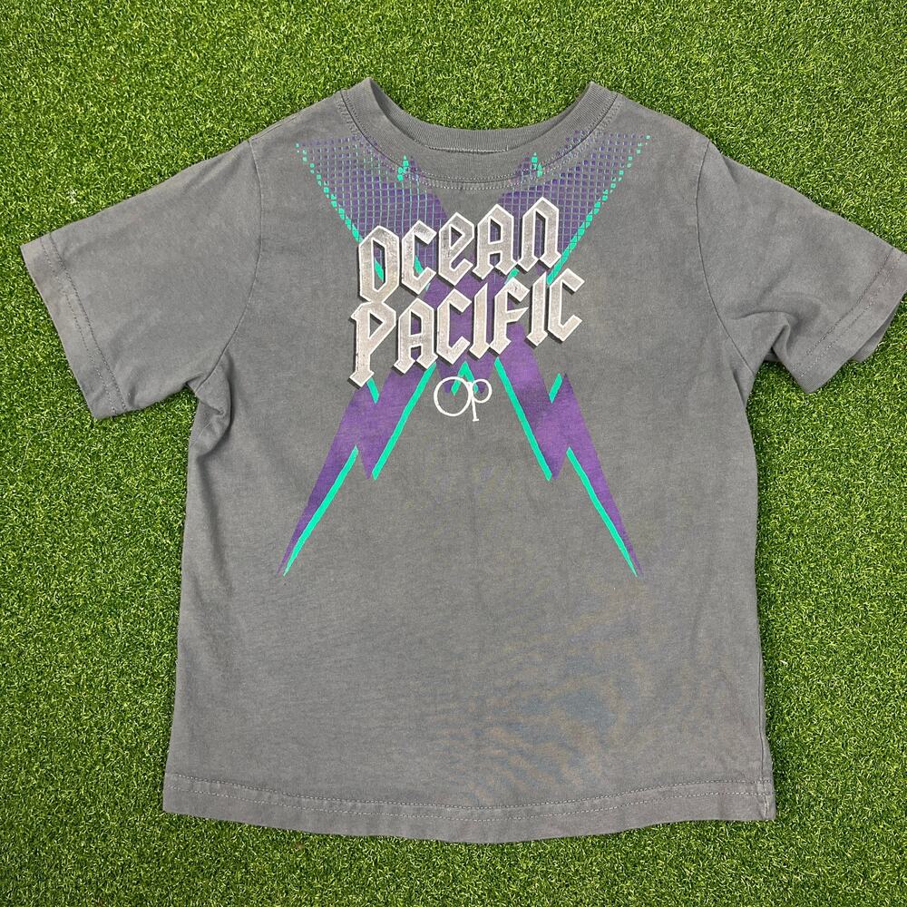 Y2K Ocean Pacific Toddler Gray Lightning Bolt Short Sleeve T-Shirt Sz 4T